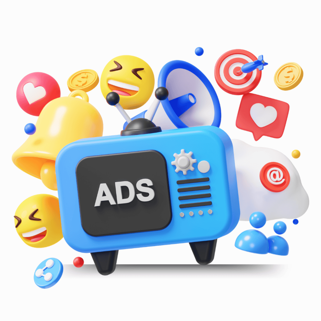 Modelagem de anúncio publicitário com elementos de emojis, megafone e dispositivos digitais para promover oMarketplace.