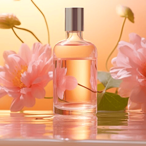 Frasco de perfume com flores rosa ao fundo, imagem de produto aromático elegante.