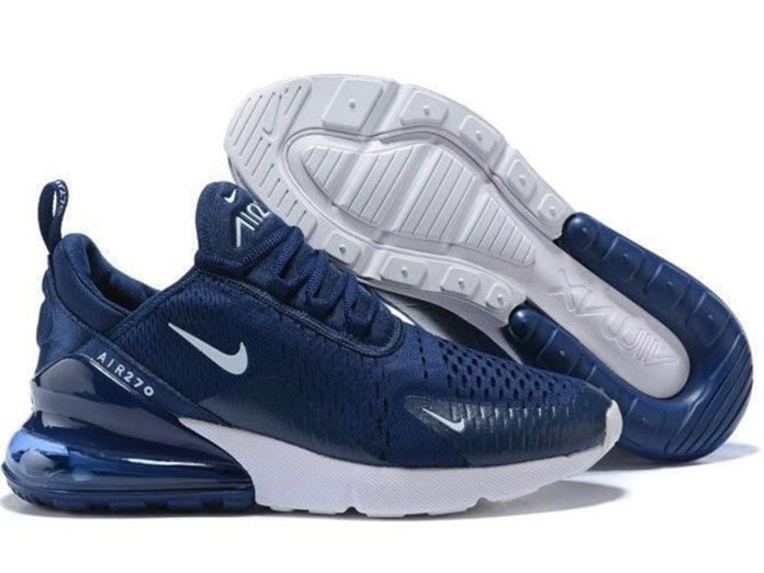 Tênis Nike Air Max 270 azul com detalhes brancos e sola antiderrapante; conforto e estilo esportivo.