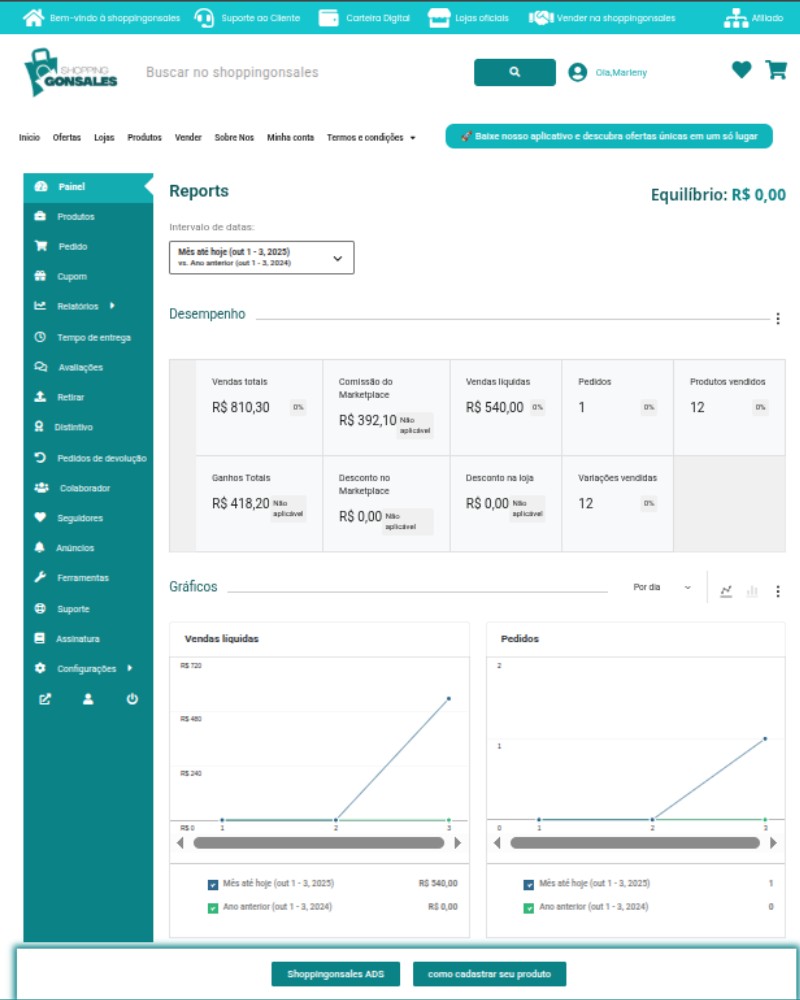 Vendas e relatórios de desempenho no painel do Shopping Gonsales.